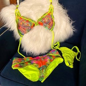 Brazilian Designer Neon Yellow Paisley Beaded Triangle 3 Bikini Set Festival